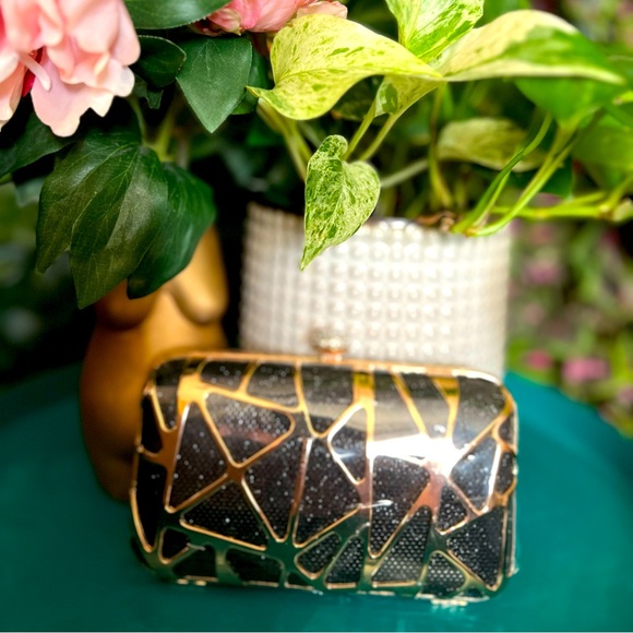 Fawziya Evening Purse Satin Geometric Metal Hollow Oversized Clutch Black - Picture 1 of 5